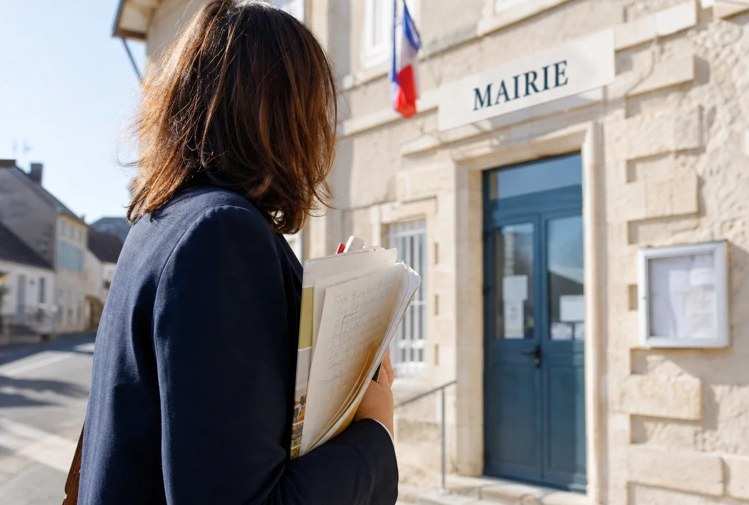 Un collaborateur politique anonyme devant une mairie française, carnet en main, dans une lumière naturelle claire.