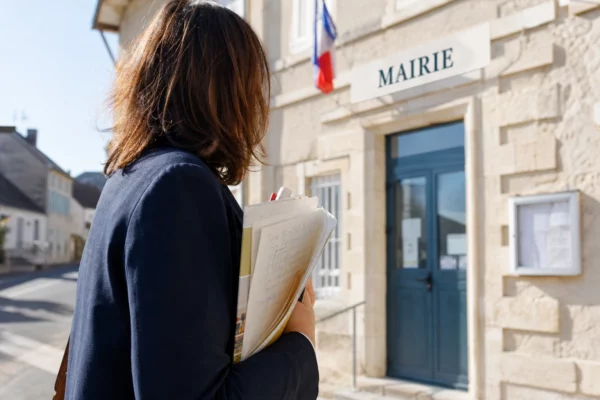 Un collaborateur politique anonyme devant une mairie française, carnet en main, dans une lumière naturelle claire.