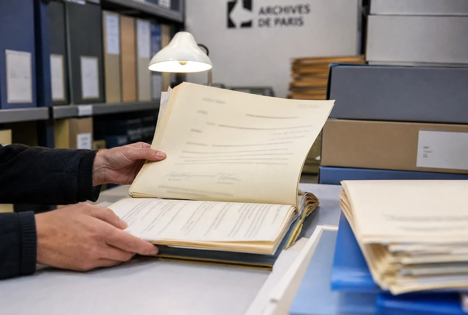 Mains anonymes consultant des dossiers d’archives et une demande d’accès à des documents dans un bureau lumineux à Paris