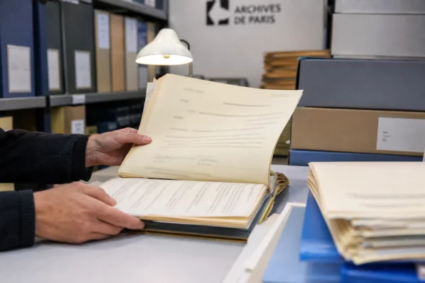 Mains anonymes consultant des dossiers d’archives et une demande d’accès à des documents dans un bureau lumineux à Paris