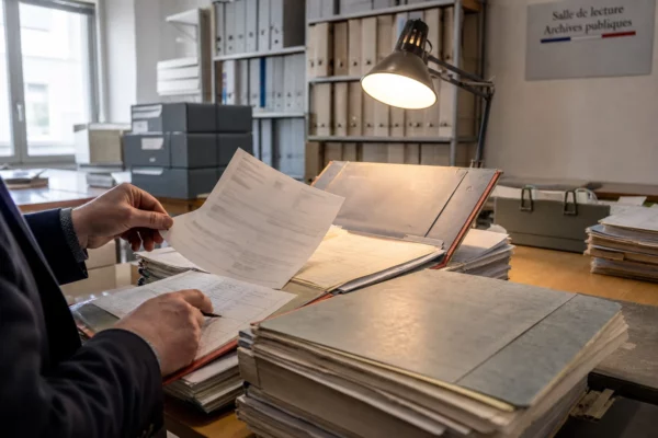 Dans un service d’archives, des mains anonymes consultent des dossiers administratifs sous une lampe de bureau.