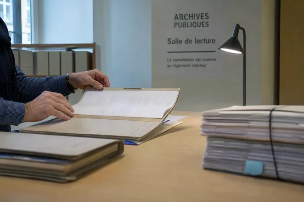 Des mains anonymes classent des dossiers d’archives dans un service public, sous la lumière d’une lampe de bureau.
