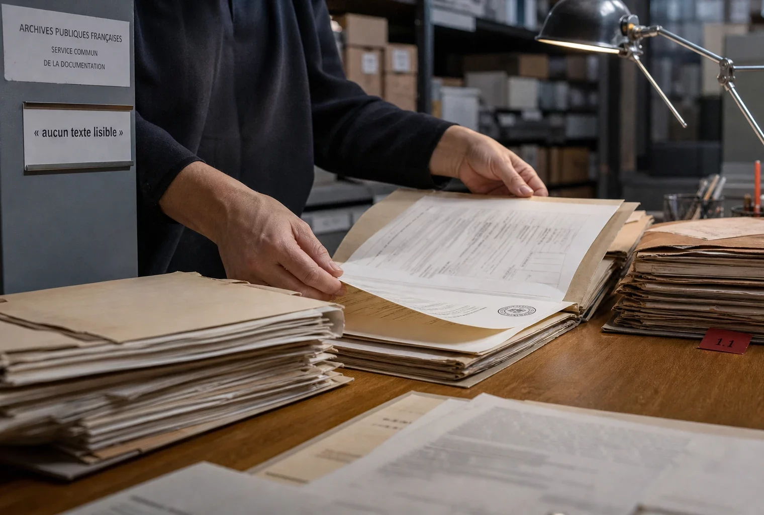 Des mains anonymes classent des dossiers d’archives administratives sous la lumière d’une lampe de bureau.