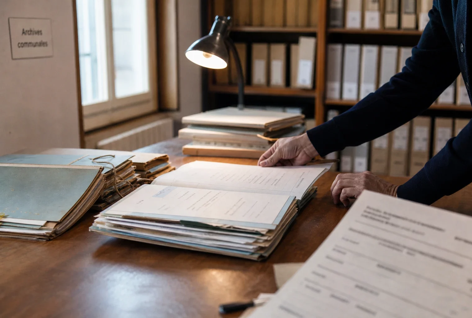 Mains anonymes triant des dossiers d’archives dans un bureau lumineux avec documents administratifs flous.
