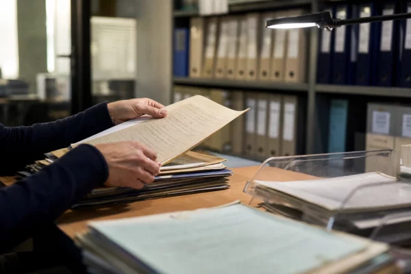 Mains anonymes triant des dossiers administratifs dans un service d’archives public français.