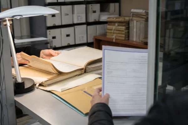 Main anonyme feuilletant un dossier d’archives dans un bureau administratif français, avec lumière claire et documents flous.