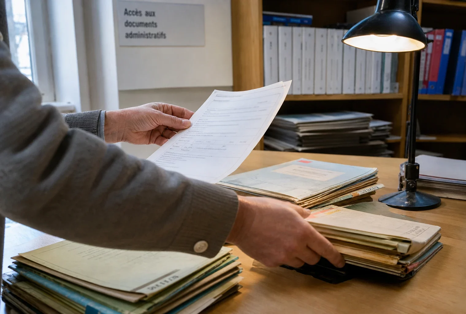 Mains anonymes triant des dossiers administratifs dans des archives publiques françaises, lumière naturelle claire.