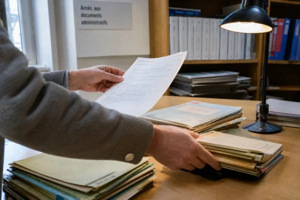 Mains anonymes triant des dossiers administratifs dans des archives publiques françaises, lumière naturelle claire.