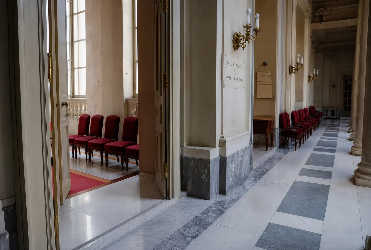 Couloir lumineux de l’Assemblée nationale avec marbre blanc et sièges rouges, dans une ambiance institutionnelle calme.