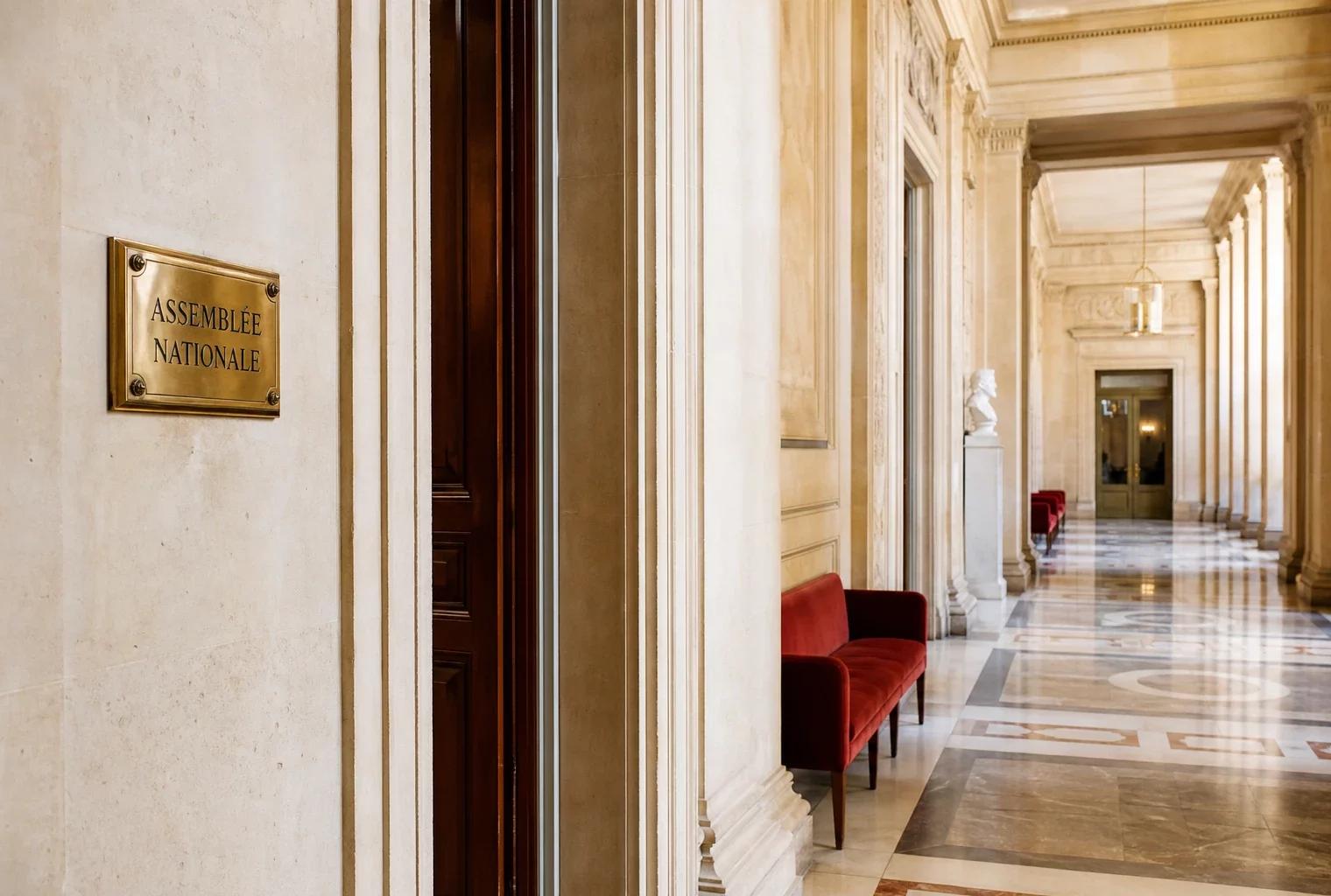Couloir vide de l’Assemblée nationale à Paris, en lumière naturelle, avec marbre clair et ambiance institutionnelle