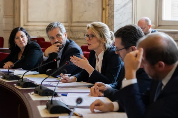 Débat en commission à l’Assemblée nationale sur la nationalisation d’ArcelorMittal, avec députés et micros en salle éclairée.