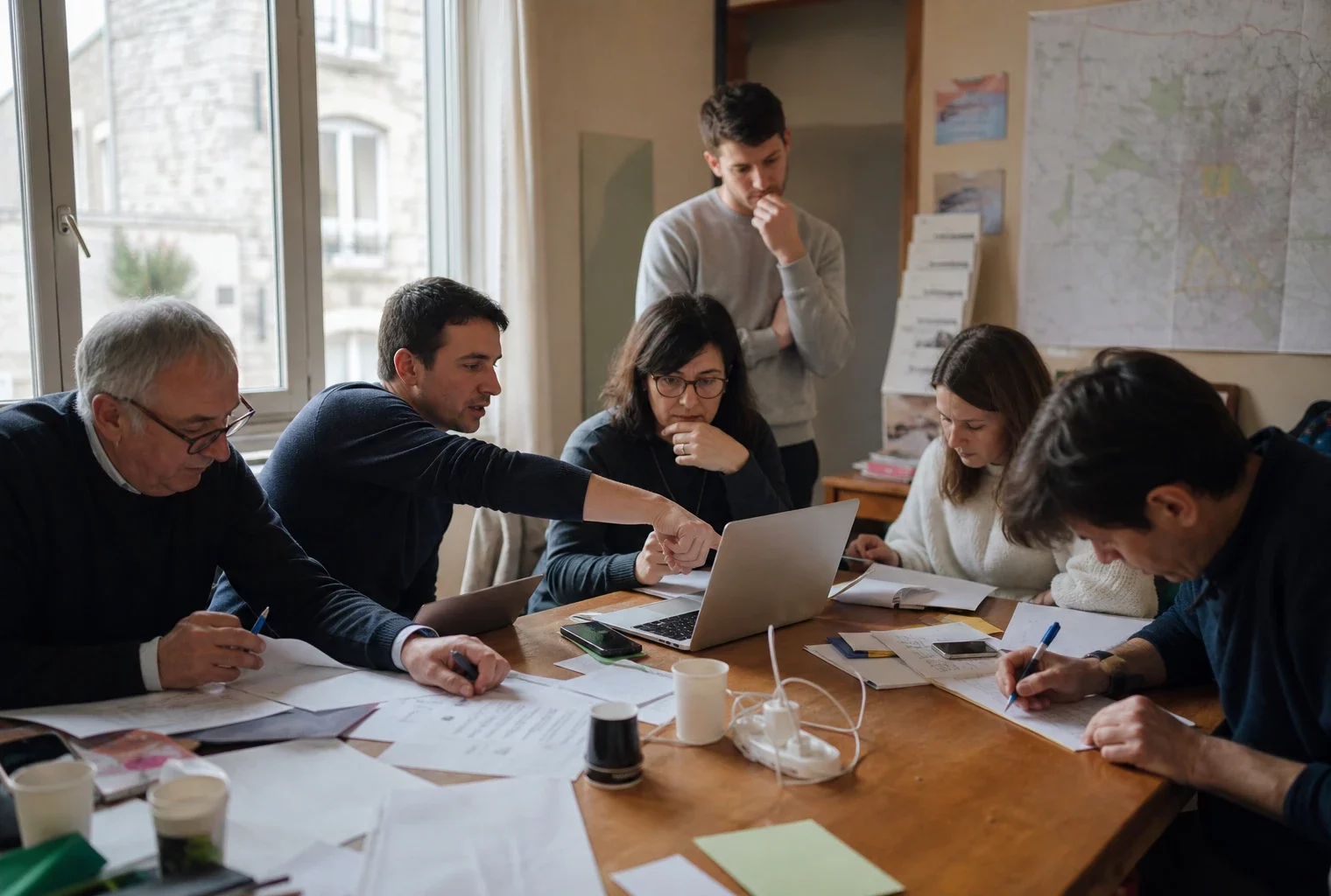 Des militants dans un bureau de campagne local autour d’un ordinateur et de documents, en lumière naturelle.