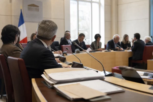 Audition à l’Assemblée nationale avec micros de table et dossiers flous dans une salle claire