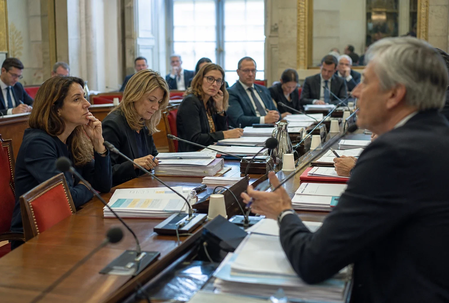 Audition à l’Assemblée nationale avec micros, dossiers et silhouettes anonymes dans une salle claire.