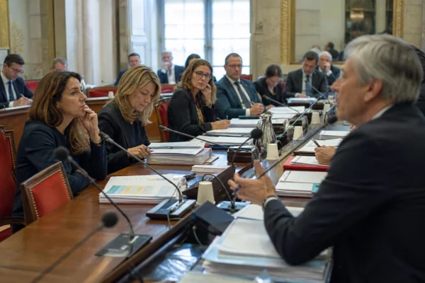 Audition à l’Assemblée nationale avec micros, dossiers et silhouettes anonymes dans une salle claire.