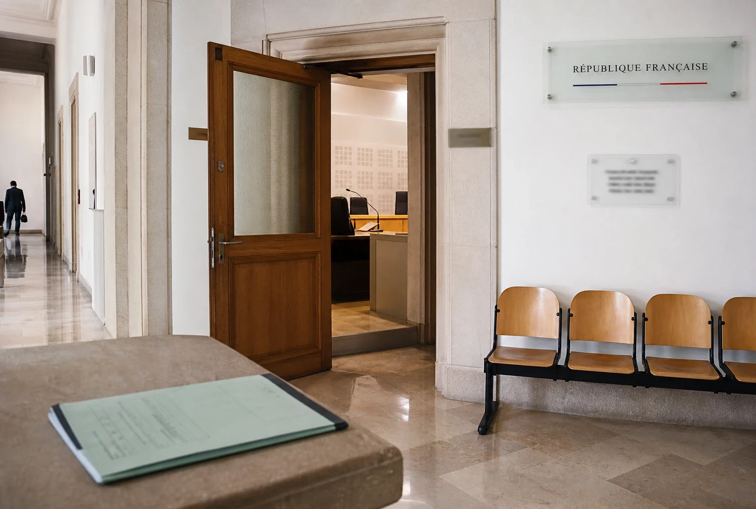 Couloir clair d’un lieu institutionnel français avec porte d’audition entrouverte et signalétique floue.
