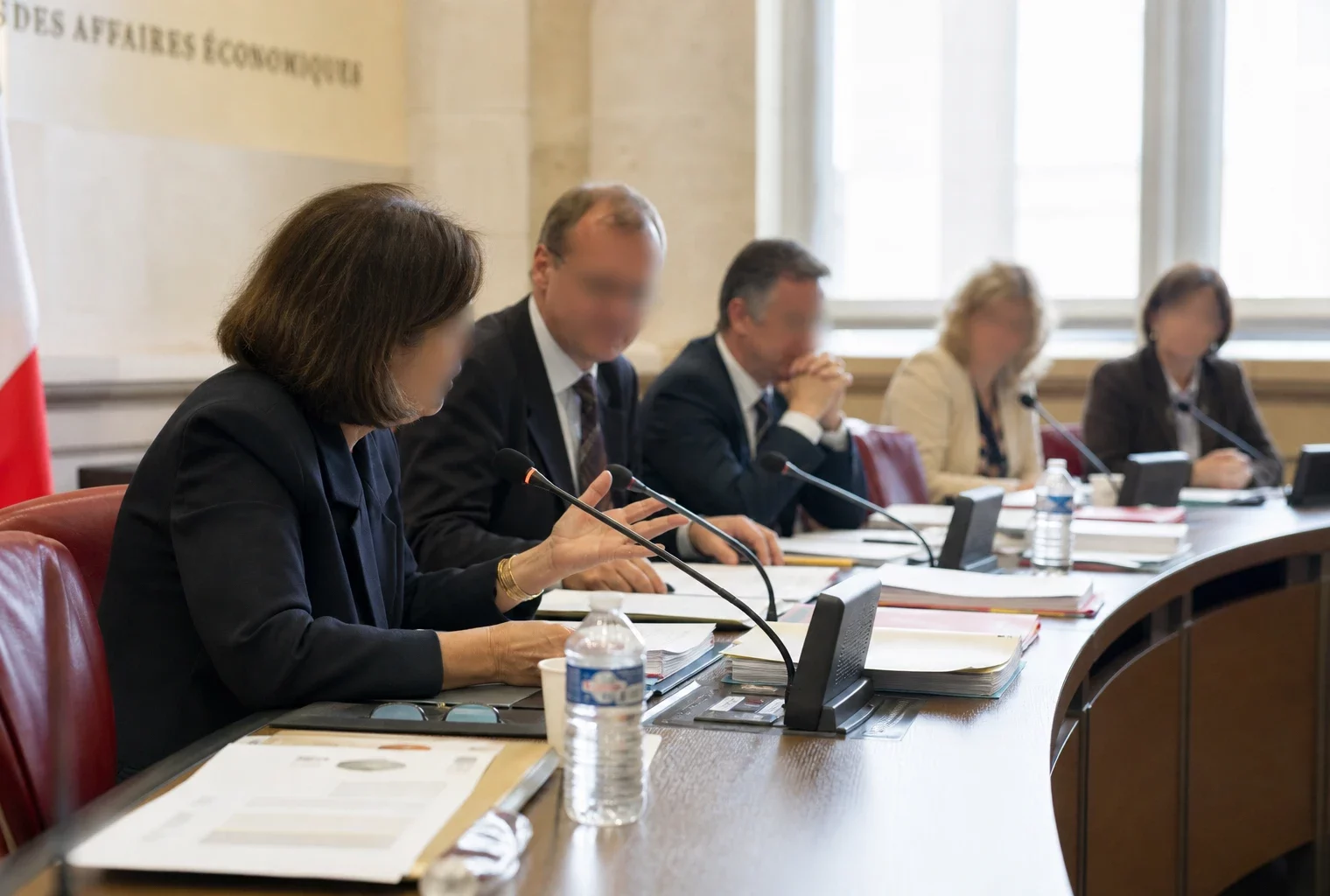 Audition parlementaire en commission avec micros, dossiers et silhouettes anonymes dans une salle française lumineuse.