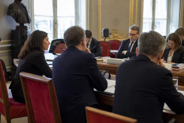 Audition parlementaire avec micros et dossiers dans une salle de commission, plusieurs silhouettes anonymes sous une lumière claire.