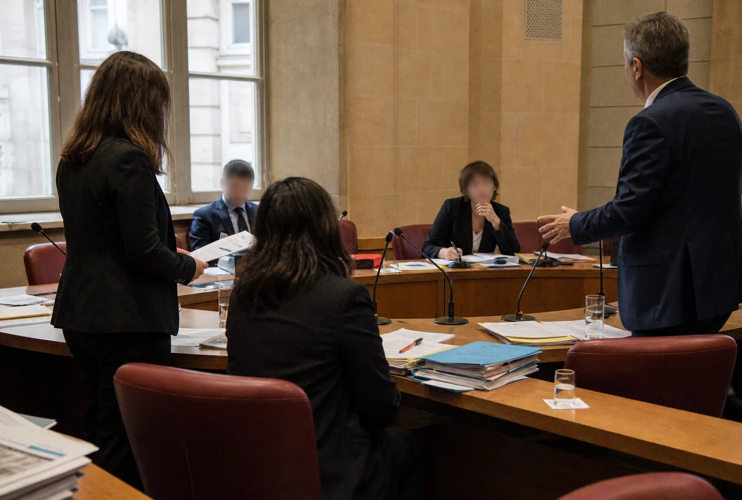 Audition parlementaire dans une salle de commission, avec silhouettes anonymes, micros et dossiers sous une lumière claire.
