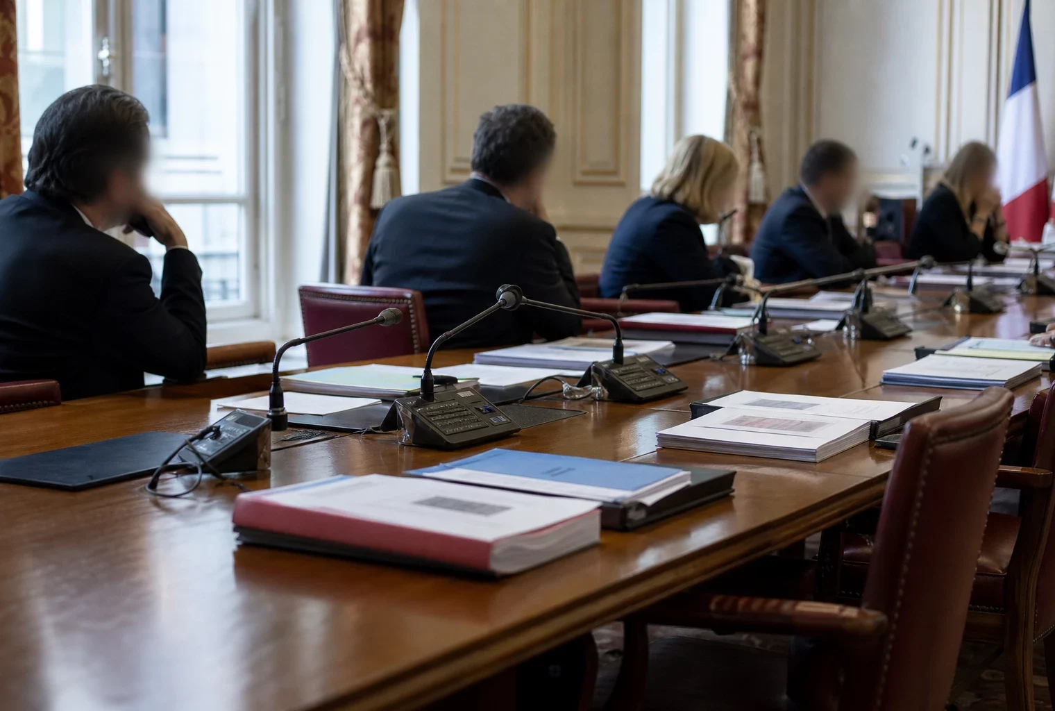 Audition parlementaire dans une salle claire de l’Assemblée nationale, avec micros, dossiers et silhouettes anonymes.
