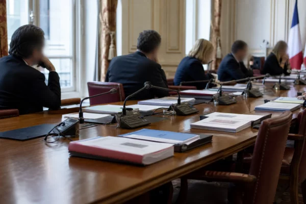 Audition parlementaire dans une salle claire de l’Assemblée nationale, avec micros, dossiers et silhouettes anonymes.