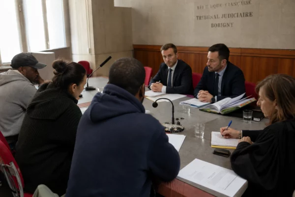 Réunion institutionnelle à Bobigny sur une enquête policière, avec micros, dossiers et plusieurs personnes anonymes autour d’une table.
