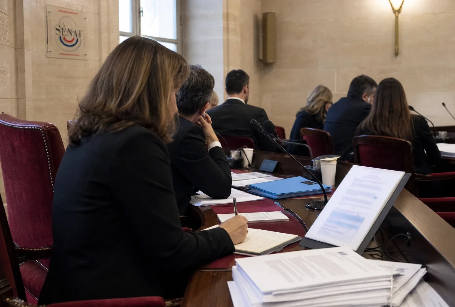 Audition au Sénat sur la régulation du privé, avec micros, dossiers ouverts et silhouettes anonymes en salle claire.