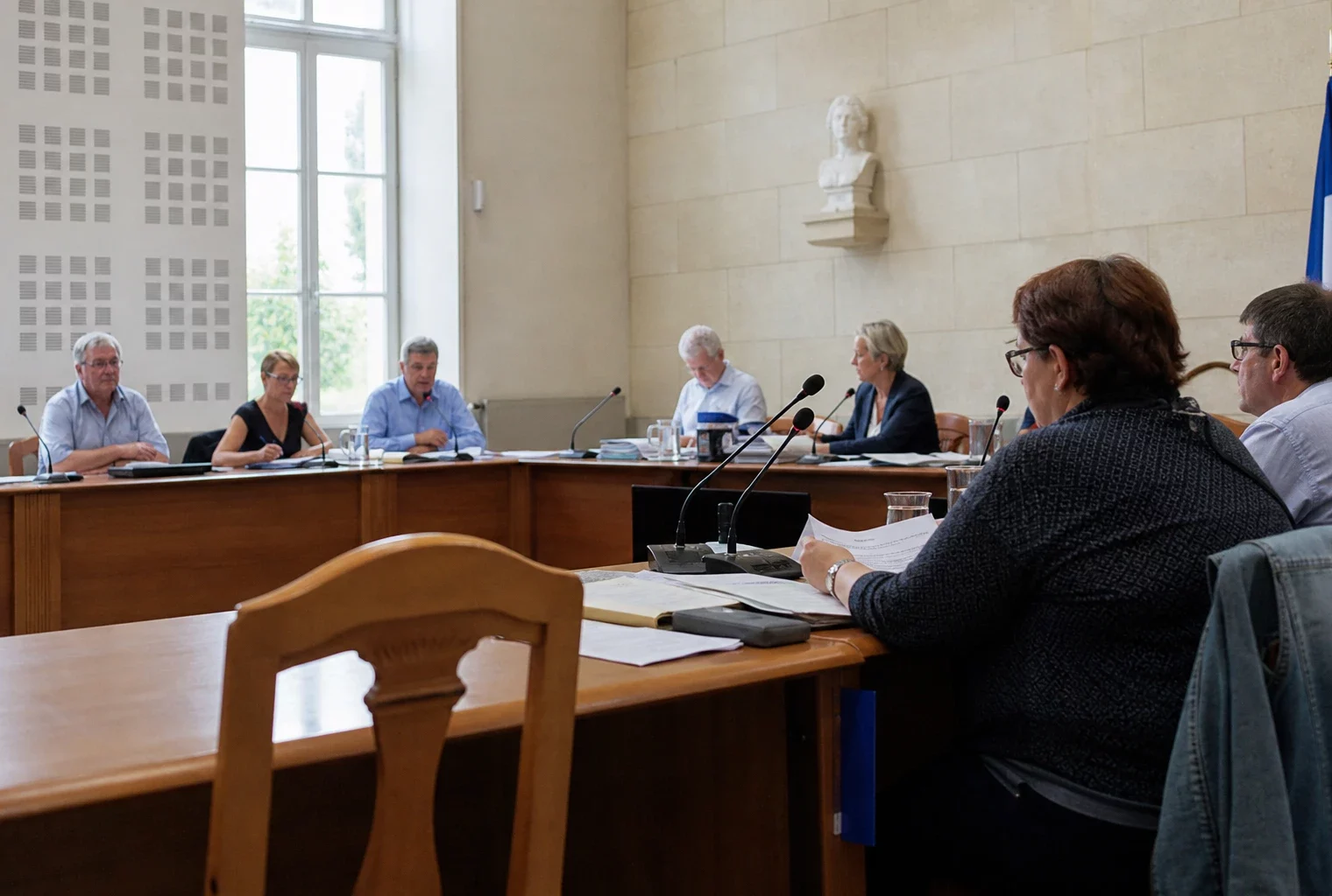 Salle municipale française avec chaise vide, micros et dossiers flous lors d’un débat local sur l’autonomie corse