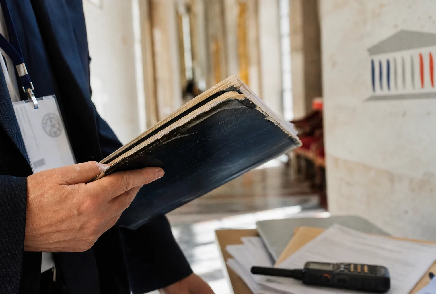 Dossier parlementaire tenu en main avec badge institutionnel et radio, dans un couloir lumineux de l’Assemblée nationale.