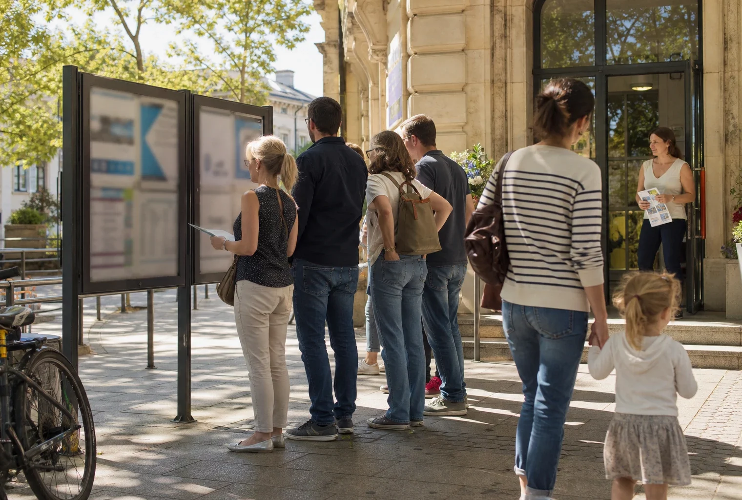 Des habitants devant une mairie de banlieue consultent un panneau municipal sur la baignade dans la Seine.