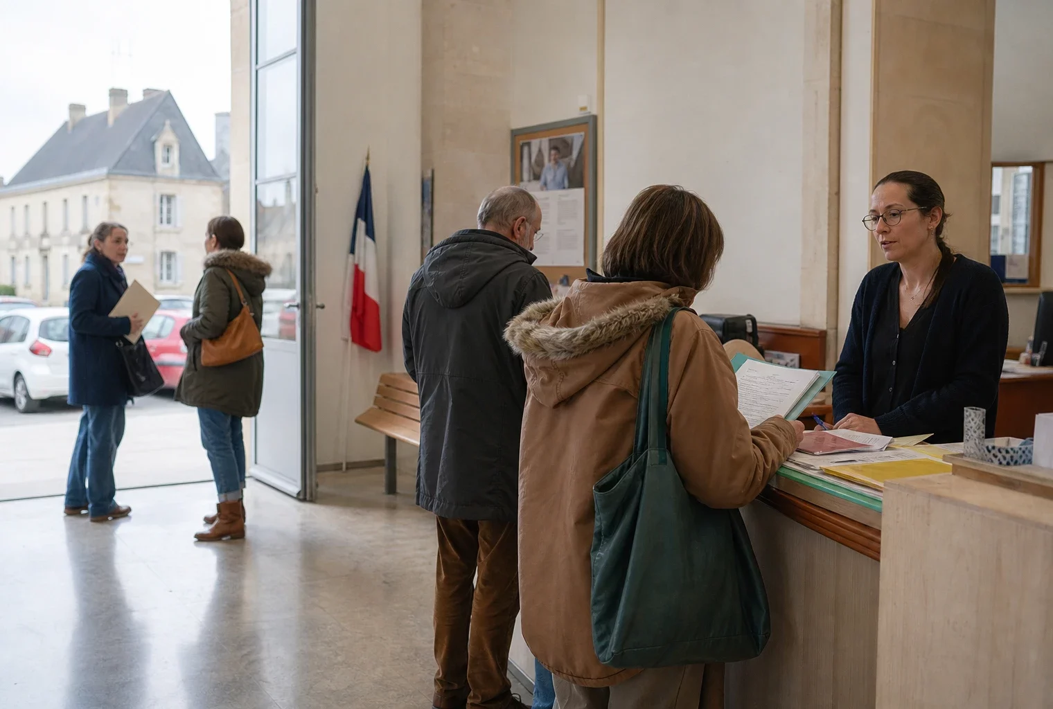 Des habitants anonymes entrent dans une mairie de petite ville française, dans une lumière de jour claire et naturelle.