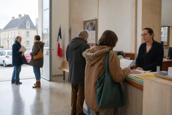Des habitants anonymes entrent dans une mairie de petite ville française, dans une lumière de jour claire et naturelle.