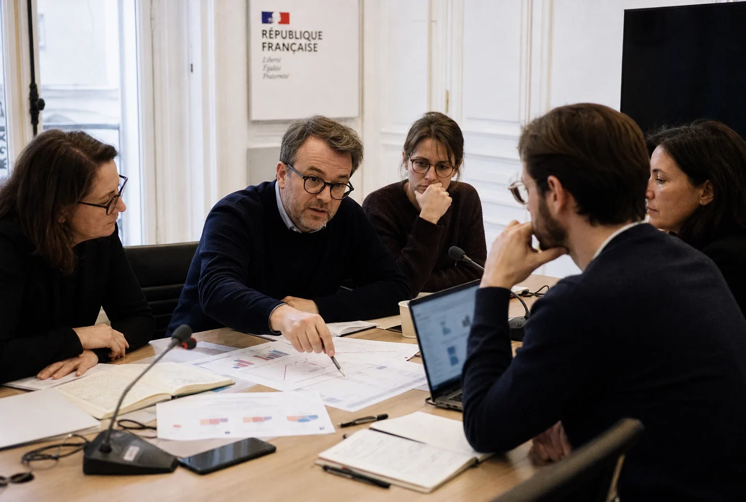 Cinq analystes politiques réunis autour d’une table de rédaction, avec des graphiques flous et des notes de sondage.