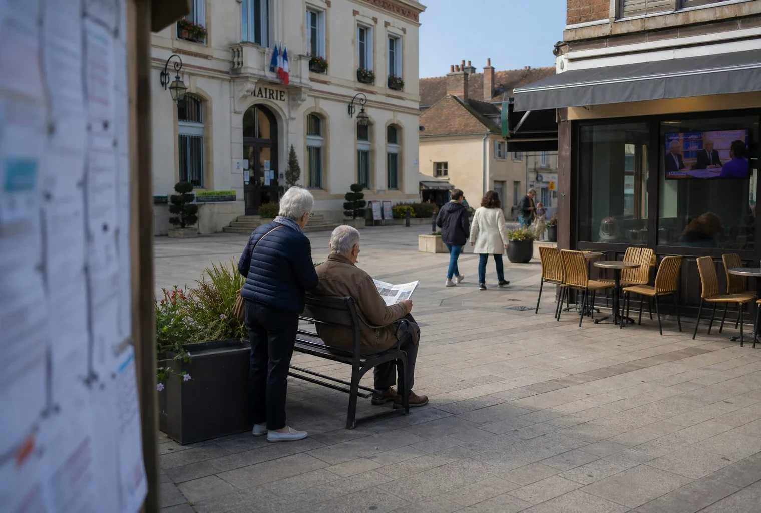 Place de ville moyenne française avec mairie, passants anonymes et télévision de café en arrière-plan