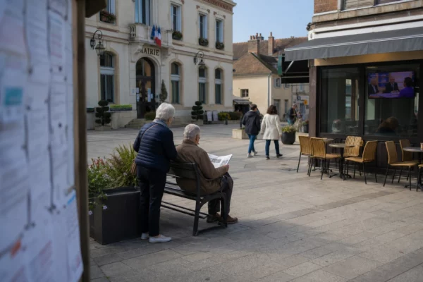Place de ville moyenne française avec mairie, passants anonymes et télévision de café en arrière-plan
