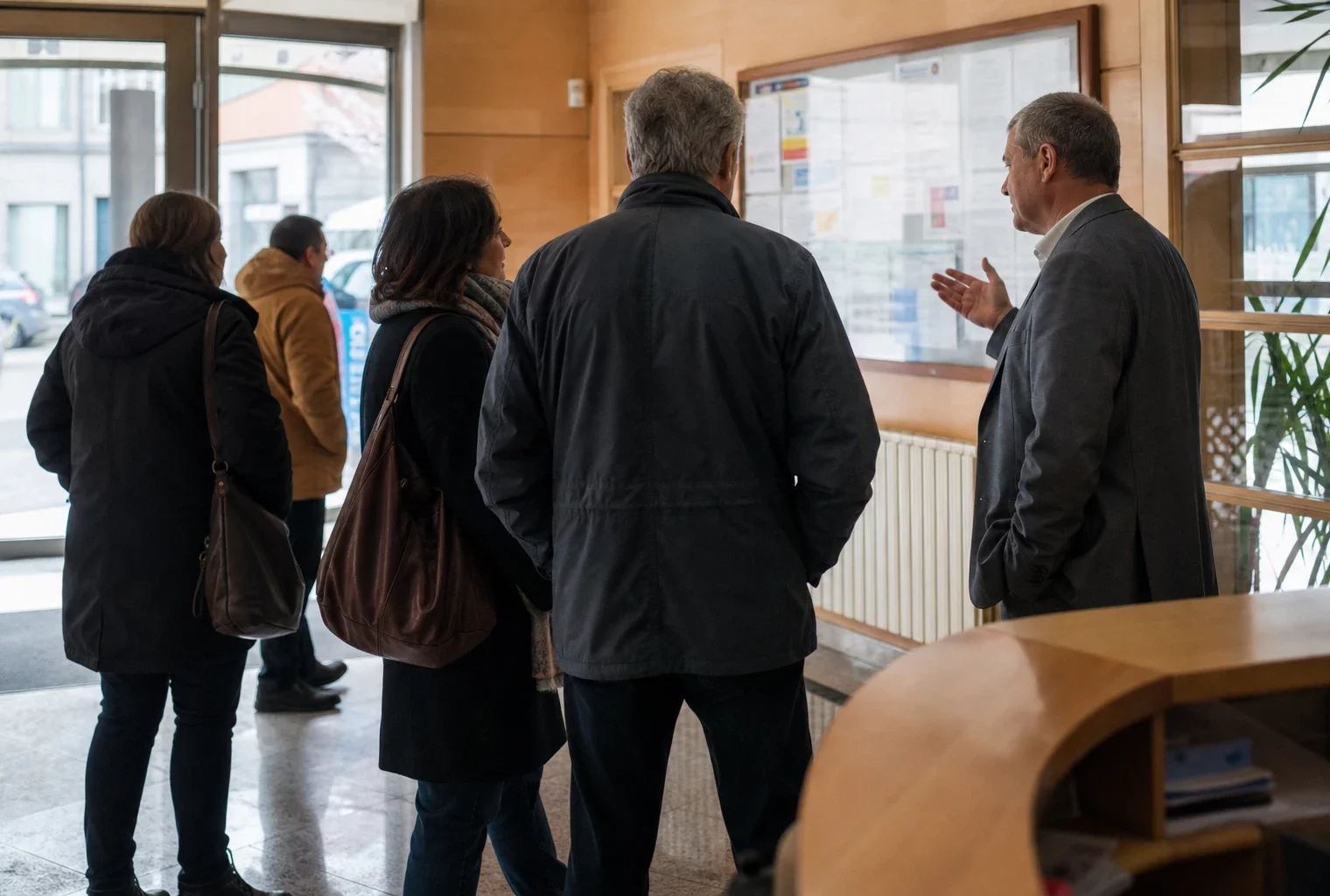 Salle d’accueil d’une mairie française avec habitants anonymes et ambiance de vie politique locale