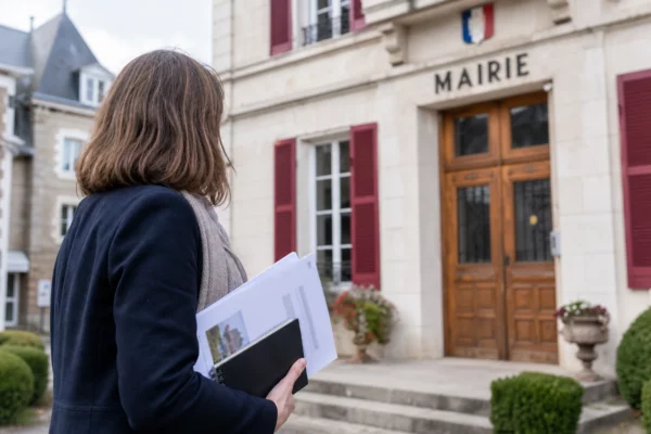 Un élu local anonyme tient un dossier devant une mairie de Corrèze, dans une lumière douce et naturelle.
