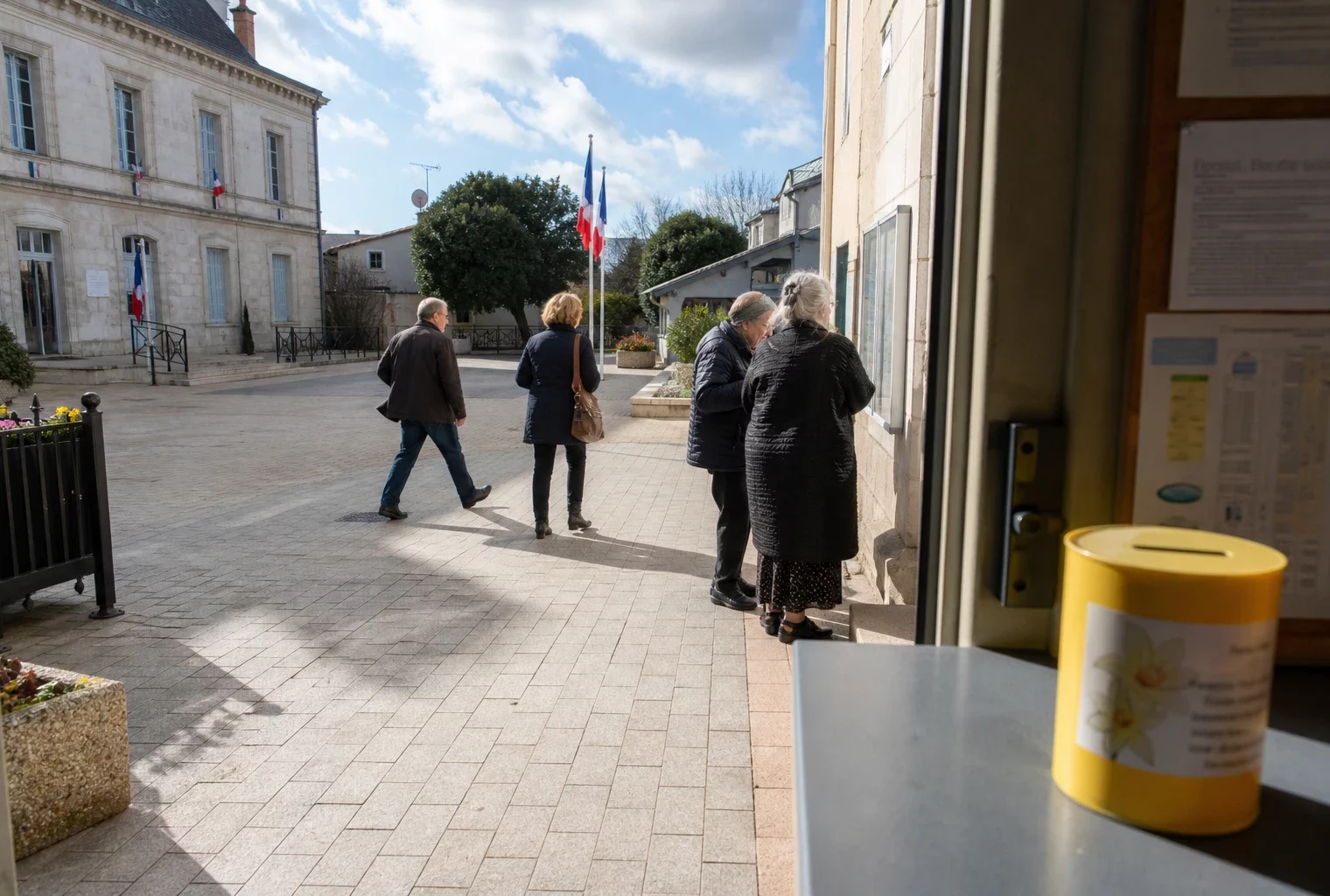 Place d’une petite ville française avec mairie, habitants anonymes et ambiance documentaire autour d’une action caritative.