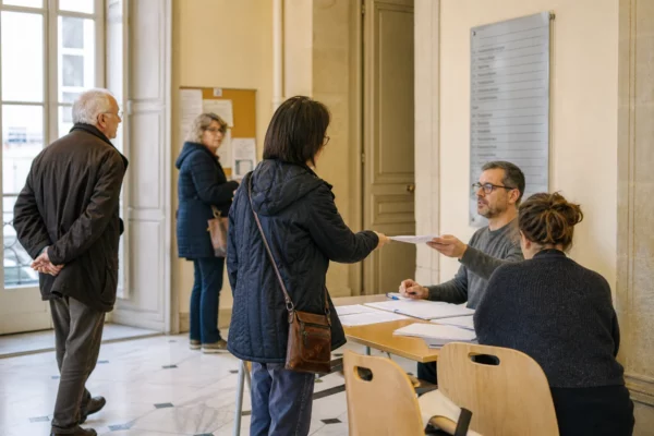 Des citoyens échangent avec un agent d’accueil dans une mairie française lors d’une consultation locale.