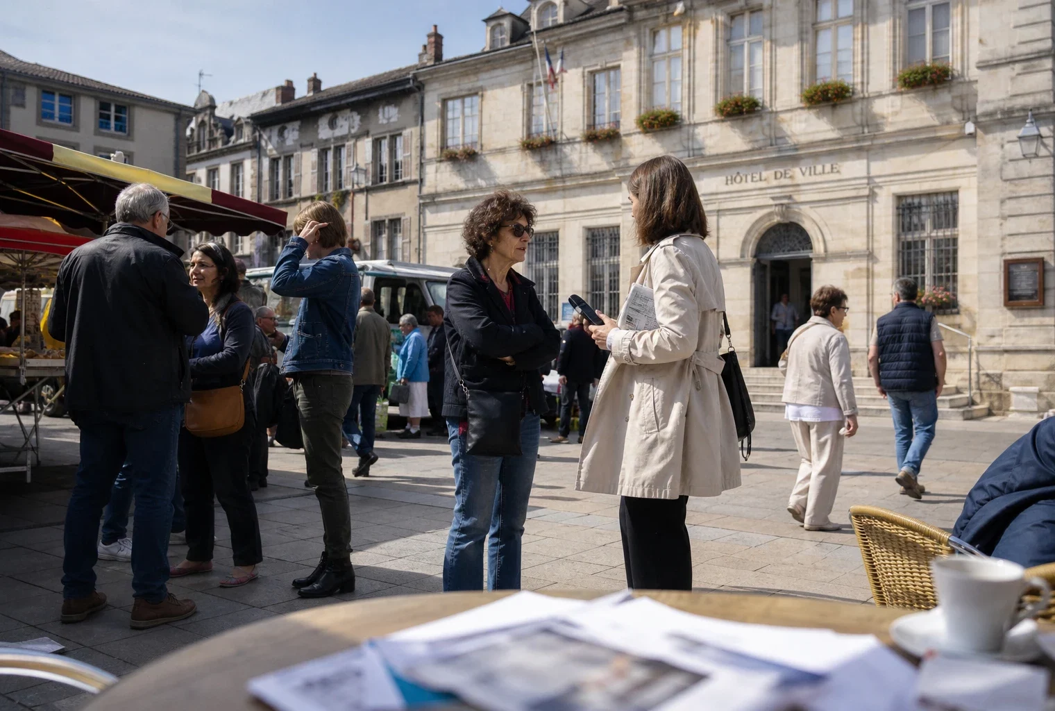 Reportage photo d’une place de ville française avec des habitants, un reporter et un climat politique local discret.