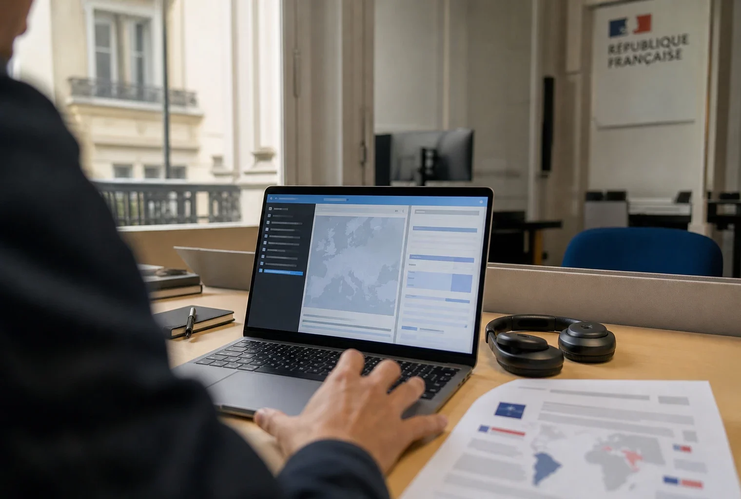 Vue en plongée partielle d’un bureau de rédaction parisien avec ordinateur affichant une interface européenne abstraite.