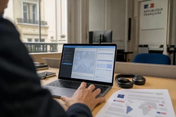 Vue en plongée partielle d’un bureau de rédaction parisien avec ordinateur affichant une interface européenne abstraite.