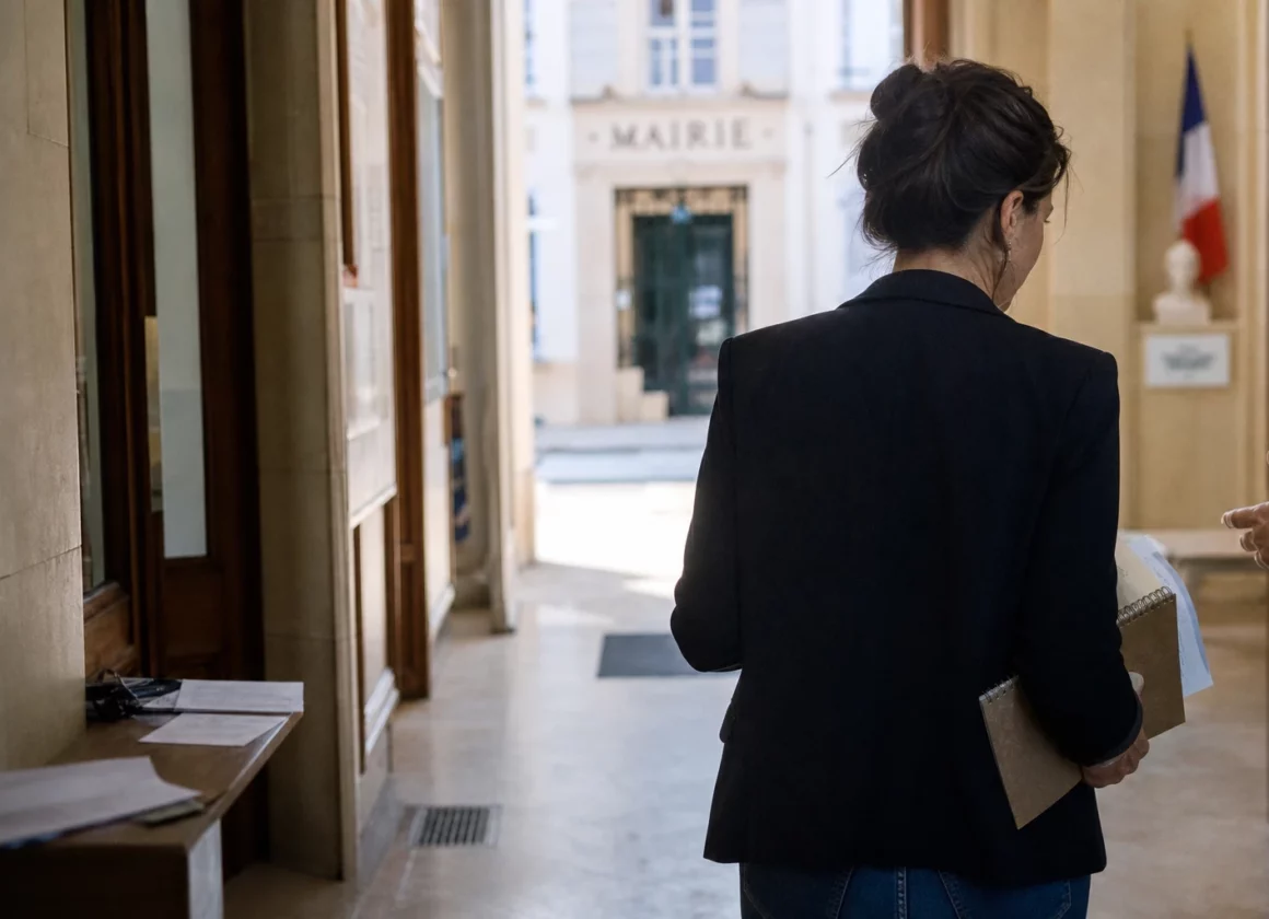 Collaborateur municipal de dos dans une mairie française, carnet en main, lors d’un briefing sur les violences après la victoire du PSG.