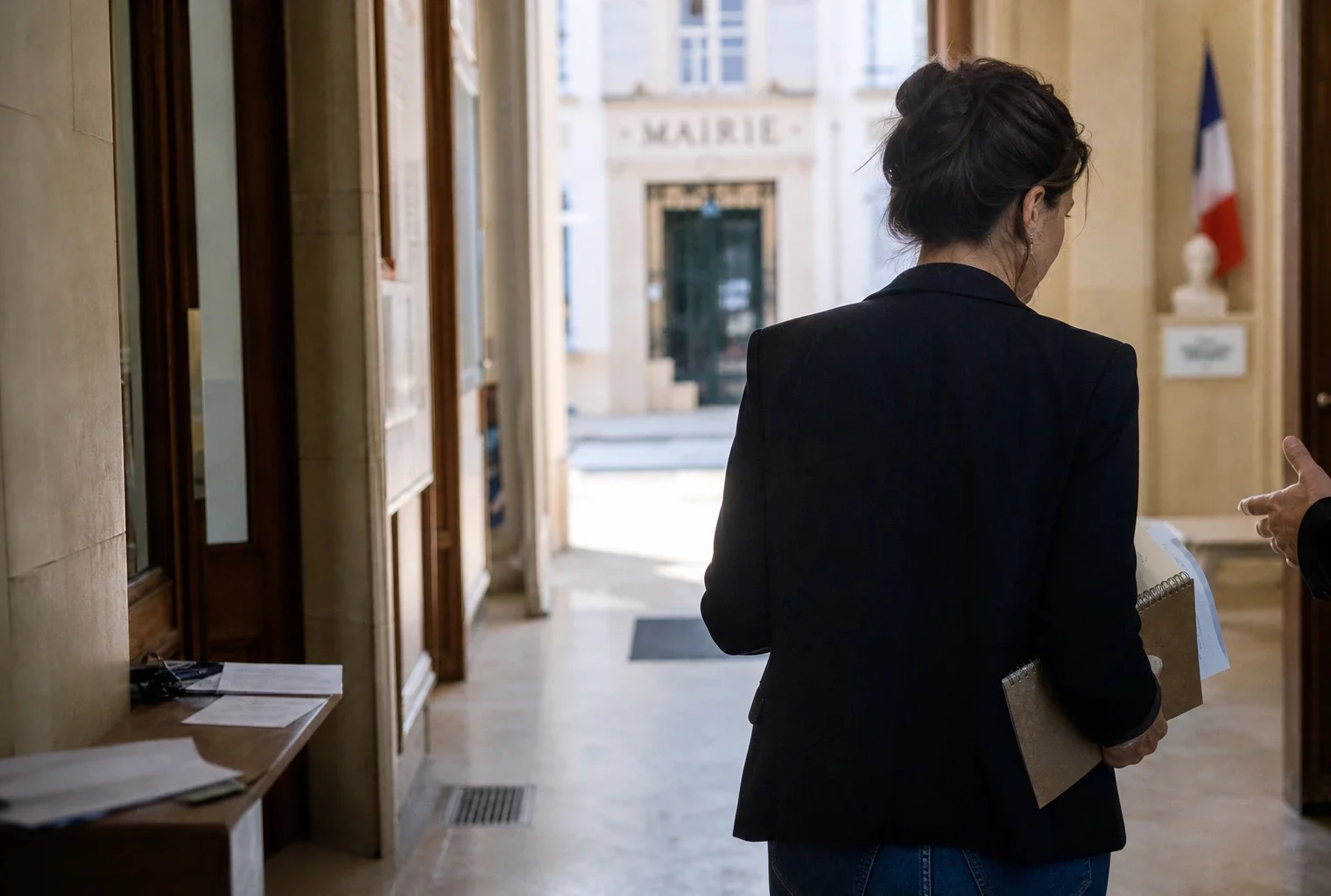 Collaborateur municipal de dos dans une mairie française, carnet en main, lors d’un briefing sur les violences après la victoire du PSG.