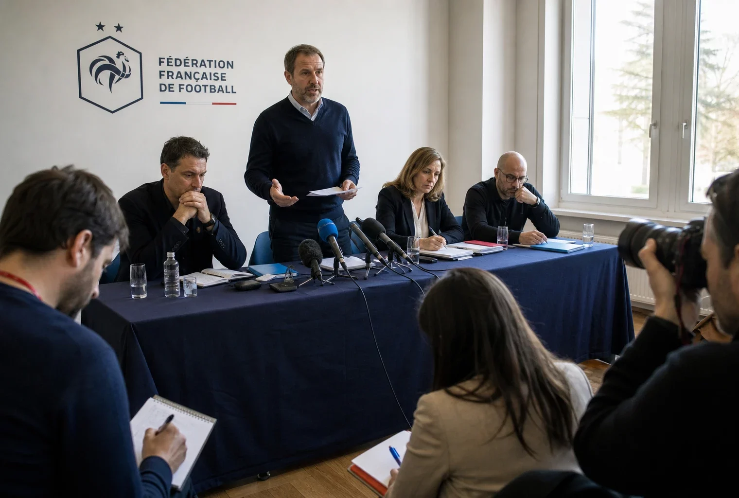 Briefing presse collectif dans une salle sportive française, avec journalistes anonymes, micros et dossiers de match flous.