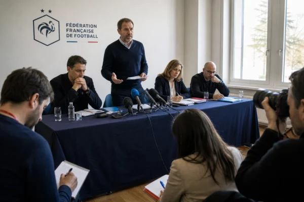 Briefing presse collectif dans une salle sportive française, avec journalistes anonymes, micros et dossiers de match flous.