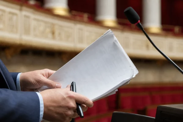 Mains tenant un dossier de briefing dans un cadre de l’Assemblée nationale, avec micro et sièges rouges flous.