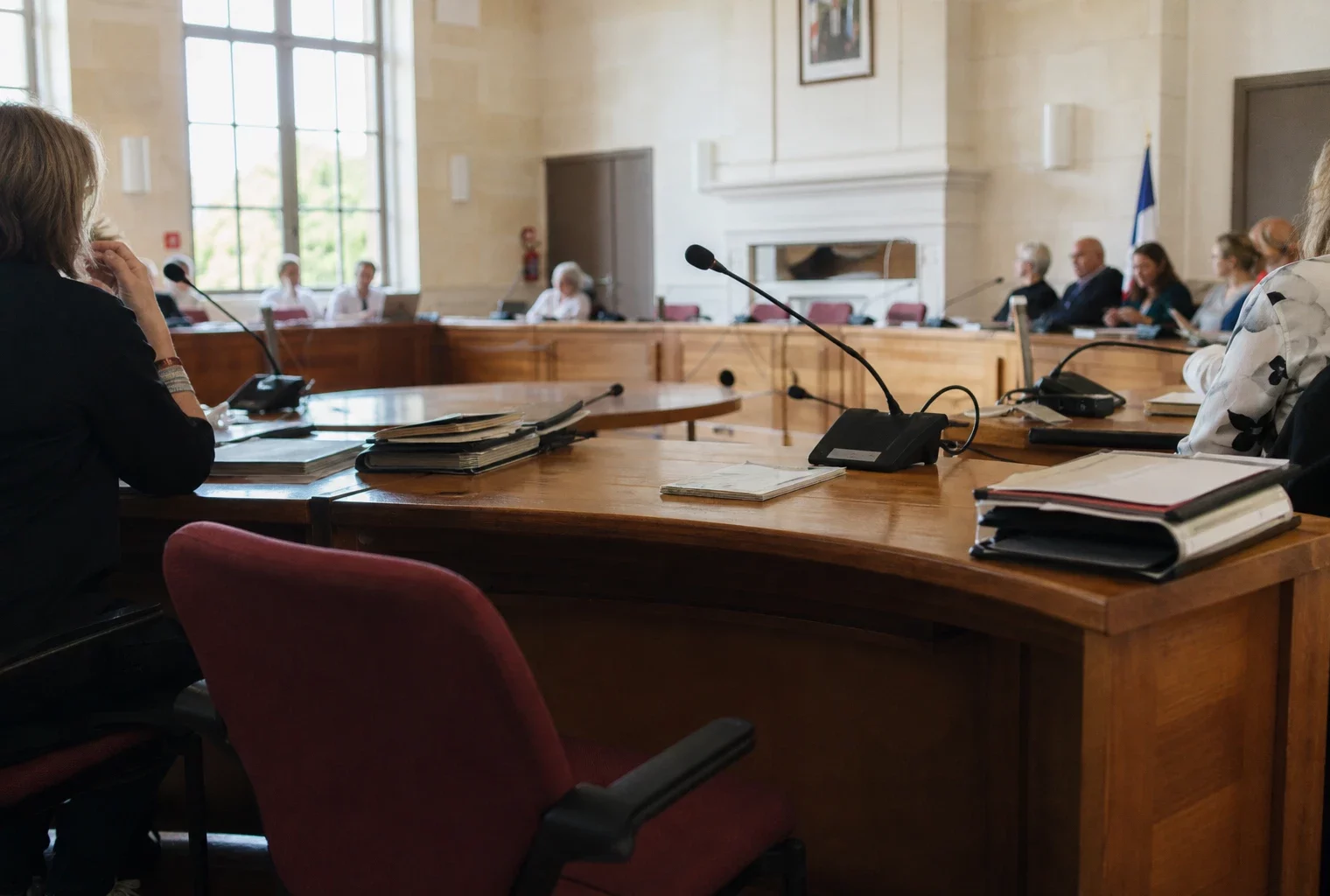 Salle municipale avec micros, dossiers et chaise vide lors d’un débat budgétaire en Gironde.