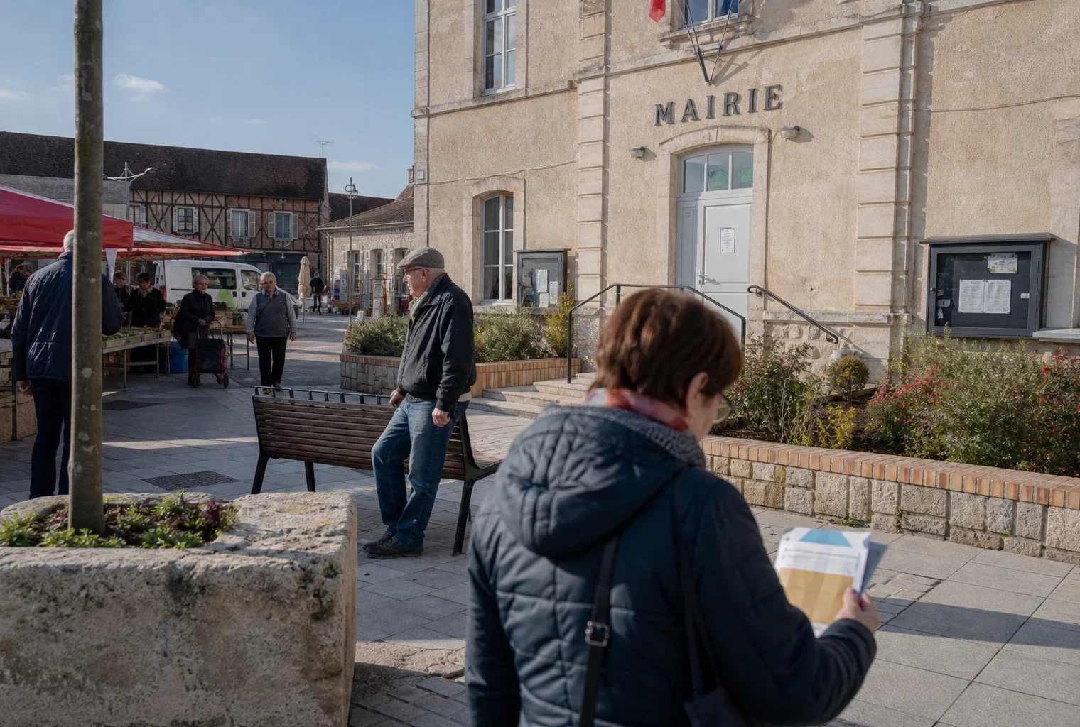 Devant une mairie de ville moyenne, des habitants anonymes traversent une place en plein jour.