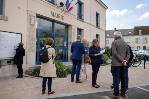 Des habitants discutent devant une mairie française, dans une scène de vie civique locale en lumière du jour.